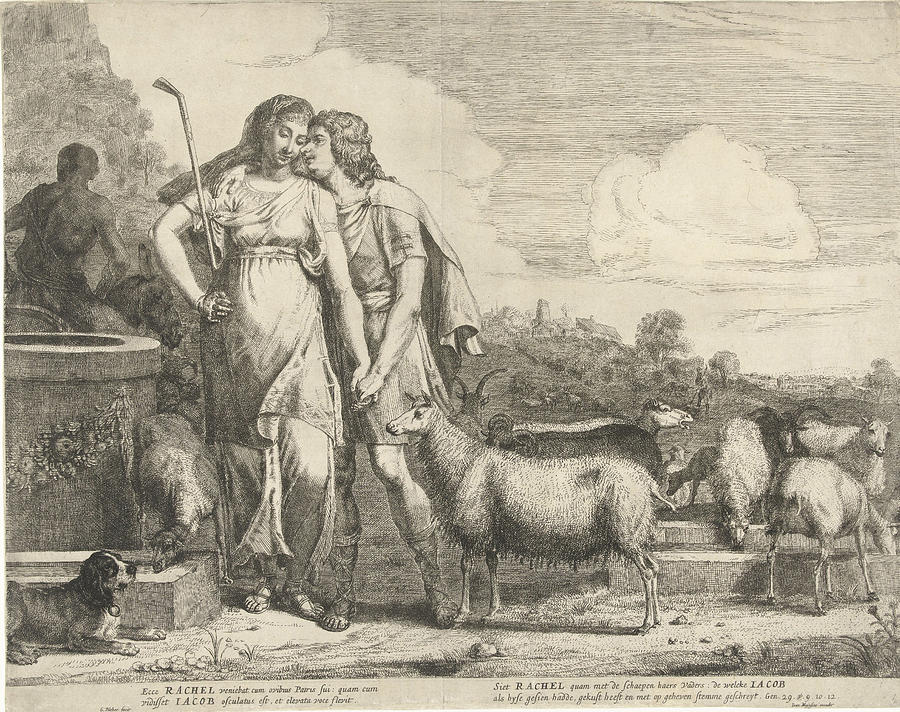 Sheep Drawing - Jacob Kisses Rachel At The Well, Gerrit Bleker by Gerrit Bleker And Joannes Meyssens