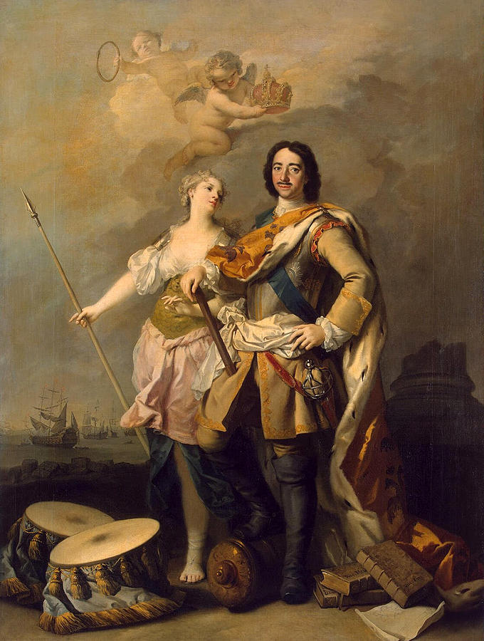 Jacopo Amigoni Painting - Peter I with Minerva with the Allegorical Figure of Glory by Jacopo Amigoni