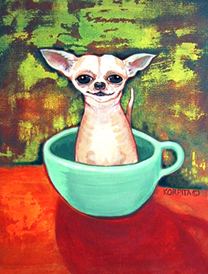 Jadite Fireking Teacup Chihuahua Painting by Rebecca Korpita