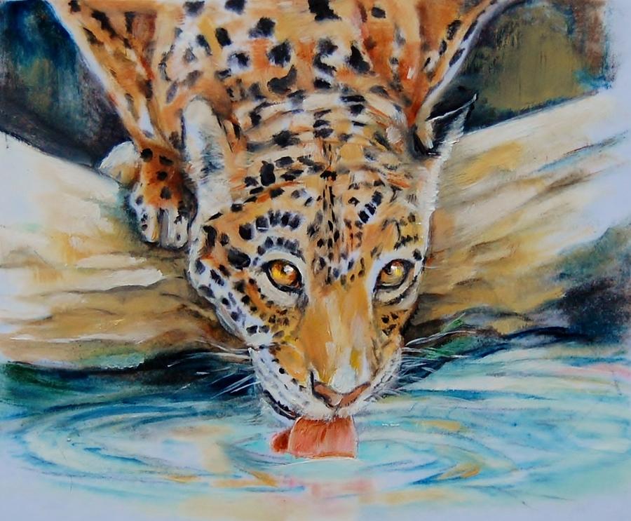 Jaguar at the Watering Hole Painting by Jean Cormier