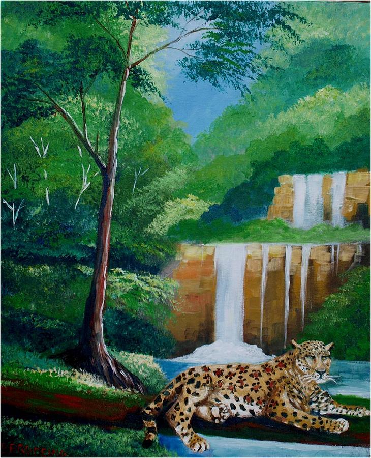 Jaguar Resting Near The Waterfall Painting by Jean Pierre Bergoeing