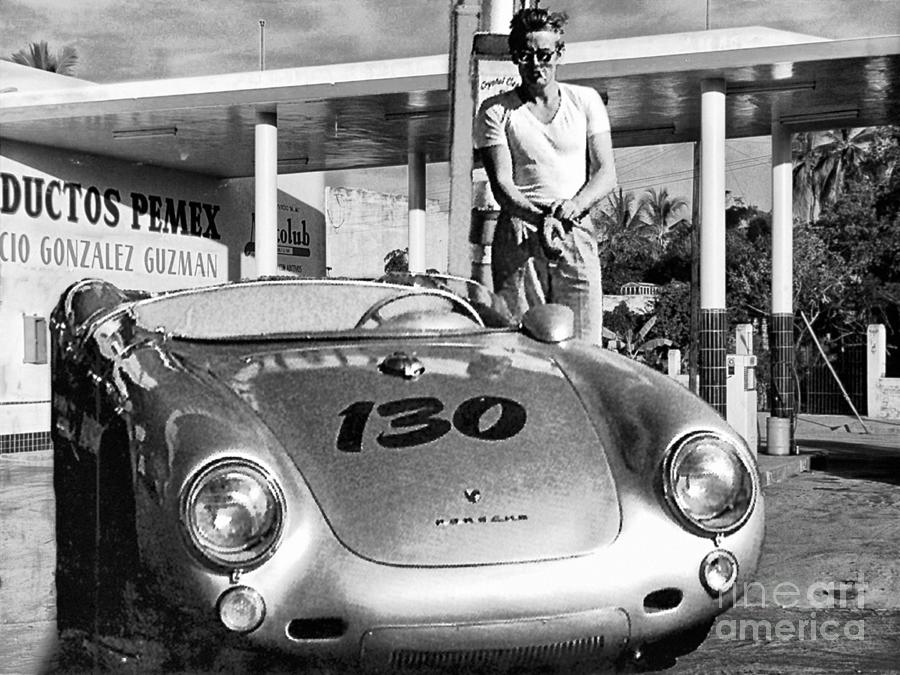 James Dean filling his Porsche 550 Spyder, in a Gas Station in Mexico. Photograph by Doc Braham