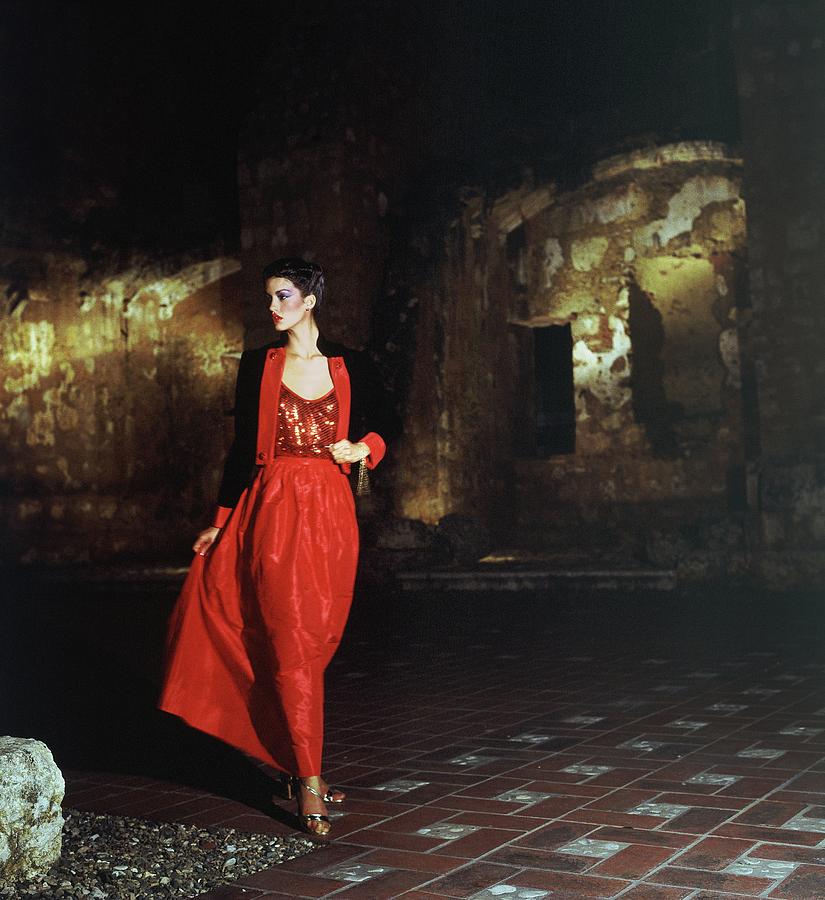 Janice Dickinson Wearing Red Evening Gown Photograph by Horst P. Horst