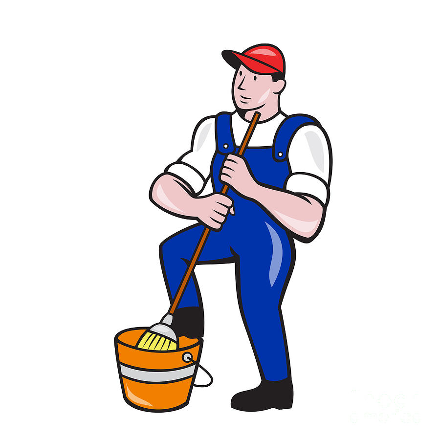 Janitor Cleaner Holding Mop Bucket Cartoon Digital Art by Aloysius