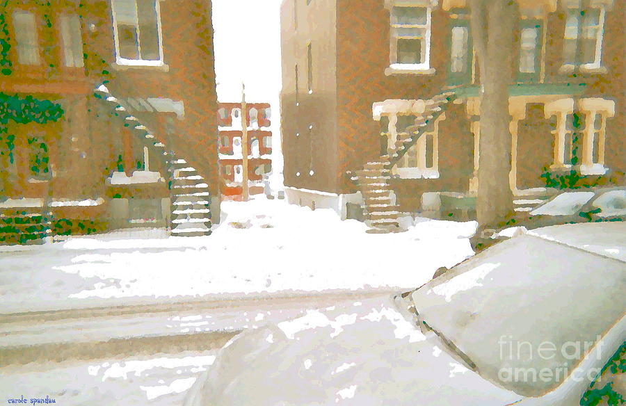 January Winter Street Winding Snow Covered Staircase Montreal Art Verdun Duplex Painting Cspandau Painting by Carole Spandau