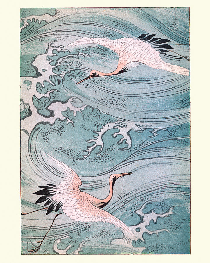 Japanese art, Storks Flying over water Drawing by Duncan1890