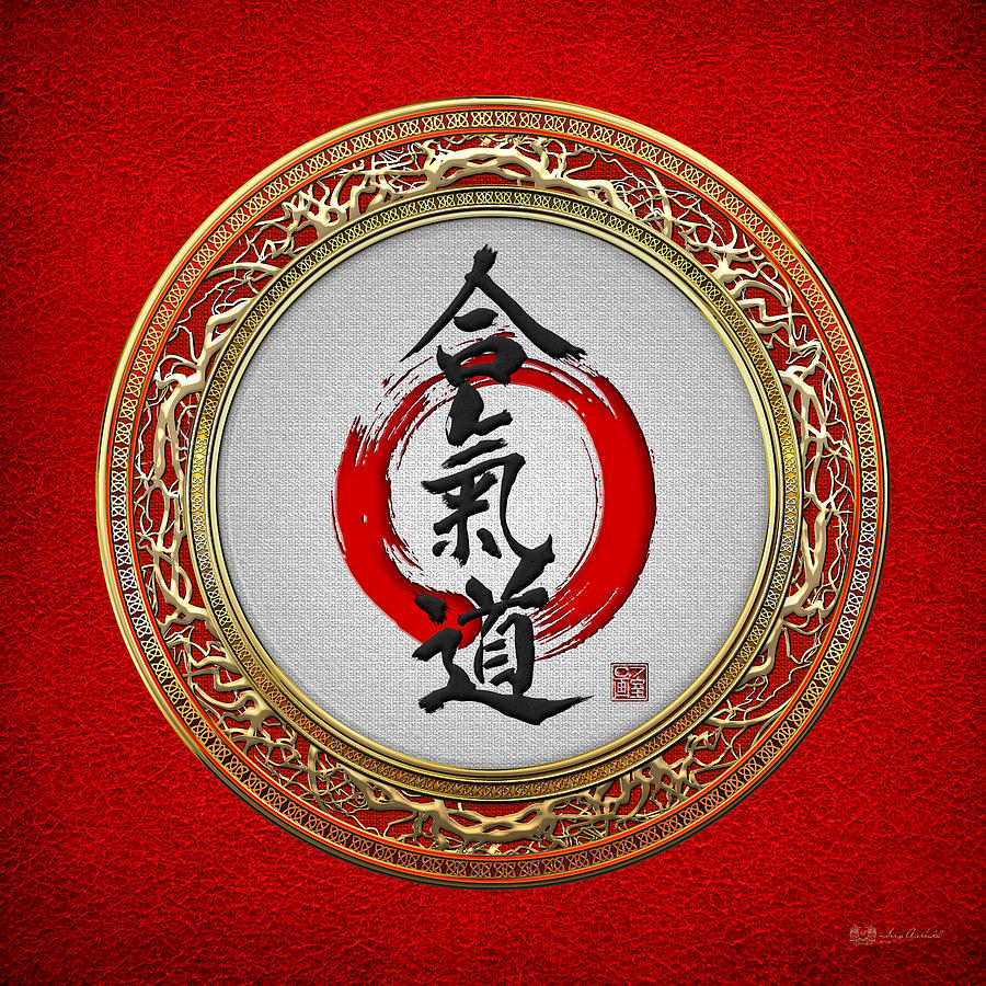 Japanese calligraphy - Aikido on Red Digital Art by Serge Averbukh