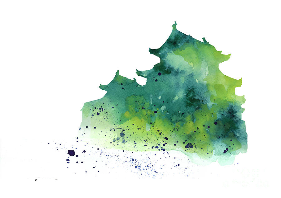 Castle Painting - Japanese castle silhouette watercolor poster by Joanna Szmerdt