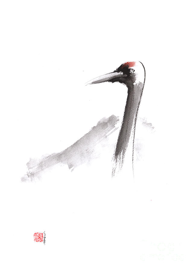 Crane Painting - Japanese crane and Mount Fuji original artwork by Mariusz Szmerdt