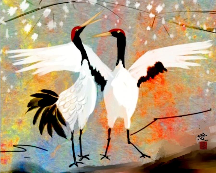 Bird Digital Art - Japanese Cranes by Elaine Weiss