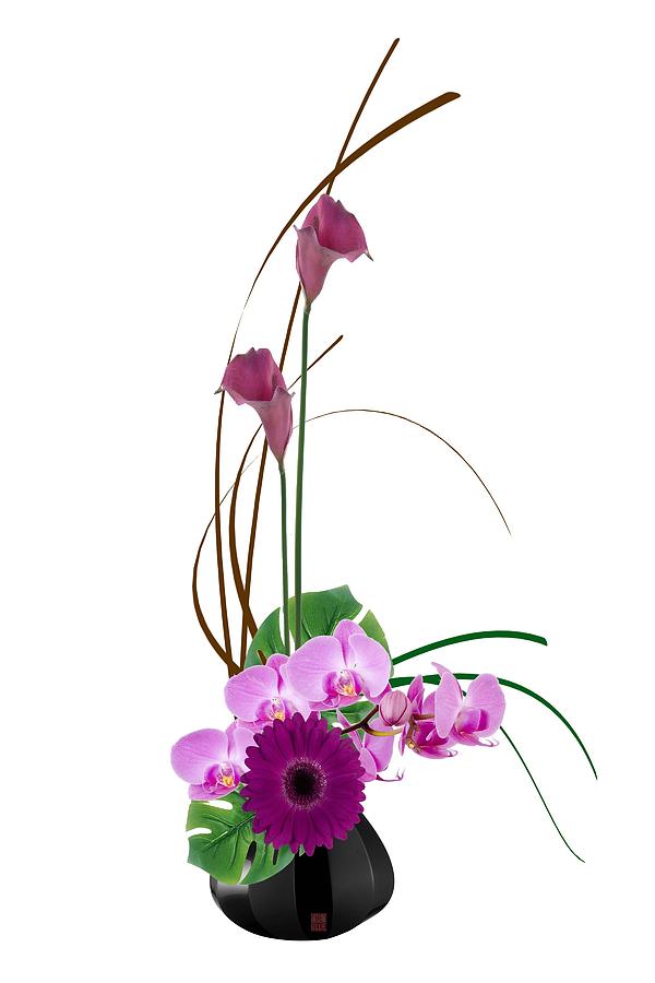 Flower Digital Art - Japanese Floral Arrangement - Ikebana Purple Flowers Calla Lillies Orchids Gerbera Daisy by Willie Chea
