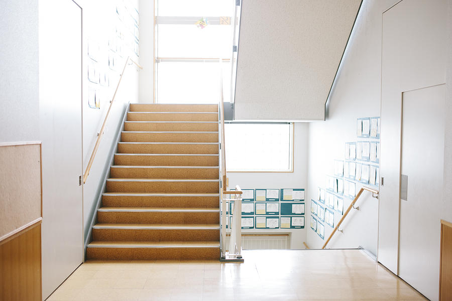Japanese highschool. Staircase and corridor, contemporary architecture, Japan Photograph by Urbancow