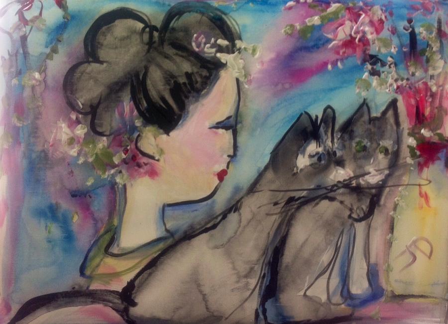 Japanese lady and felines Painting by Judith Desrosiers