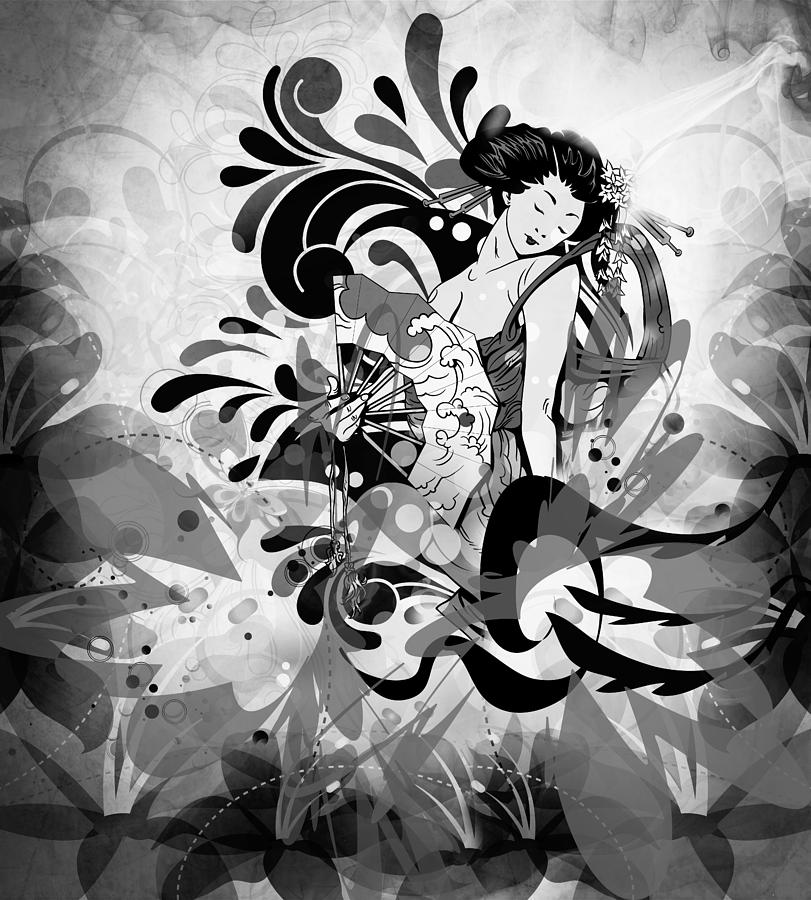 Japanese Lady In Black And White Digital Art