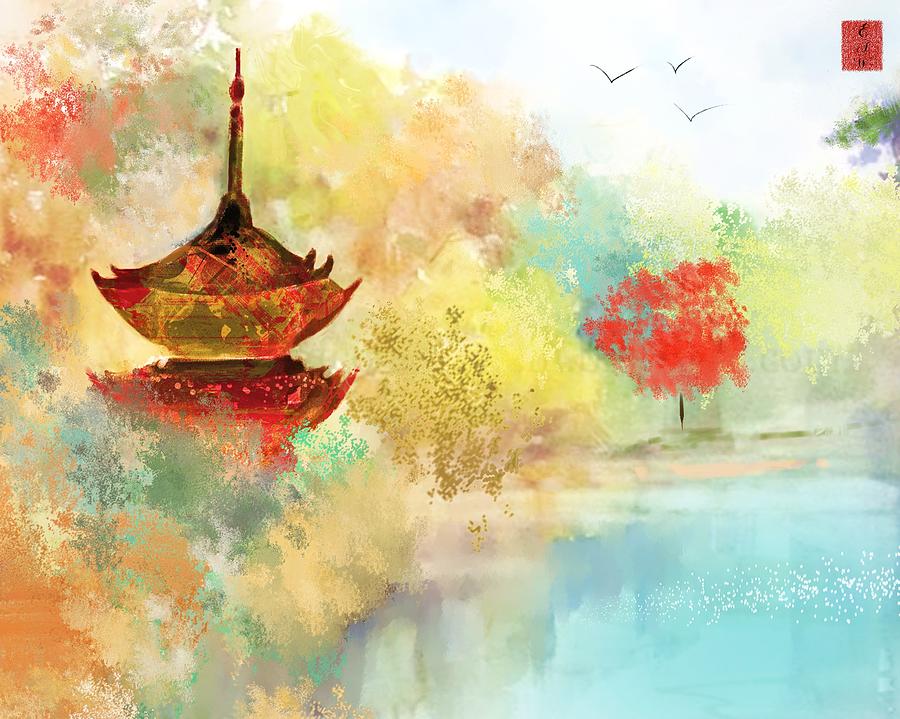 Tree Digital Art - Japanese Pagoda in the Forest by Elaine Weiss