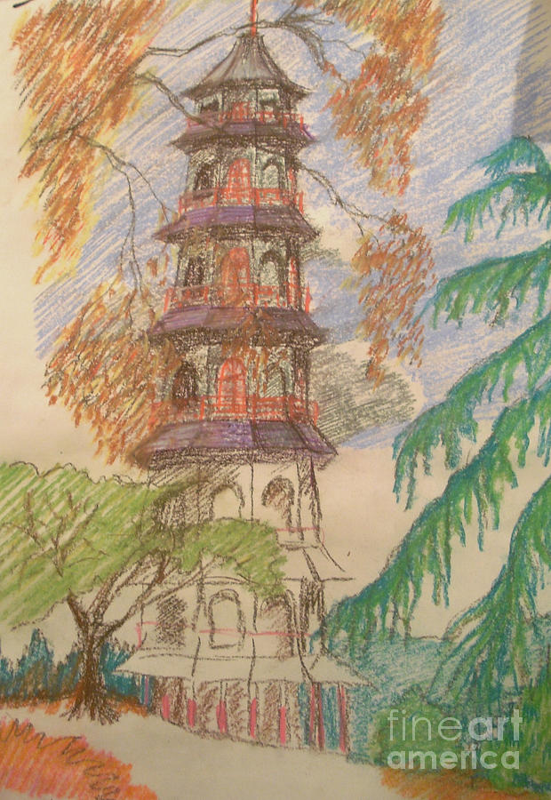 Tree Pastel - Japanese Tower in Kew by Michelle Deyna-Hayward