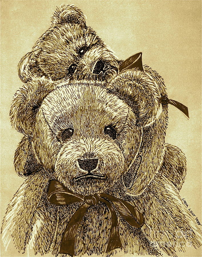 Jareds Bears Sepia Drawing by Linda Simon