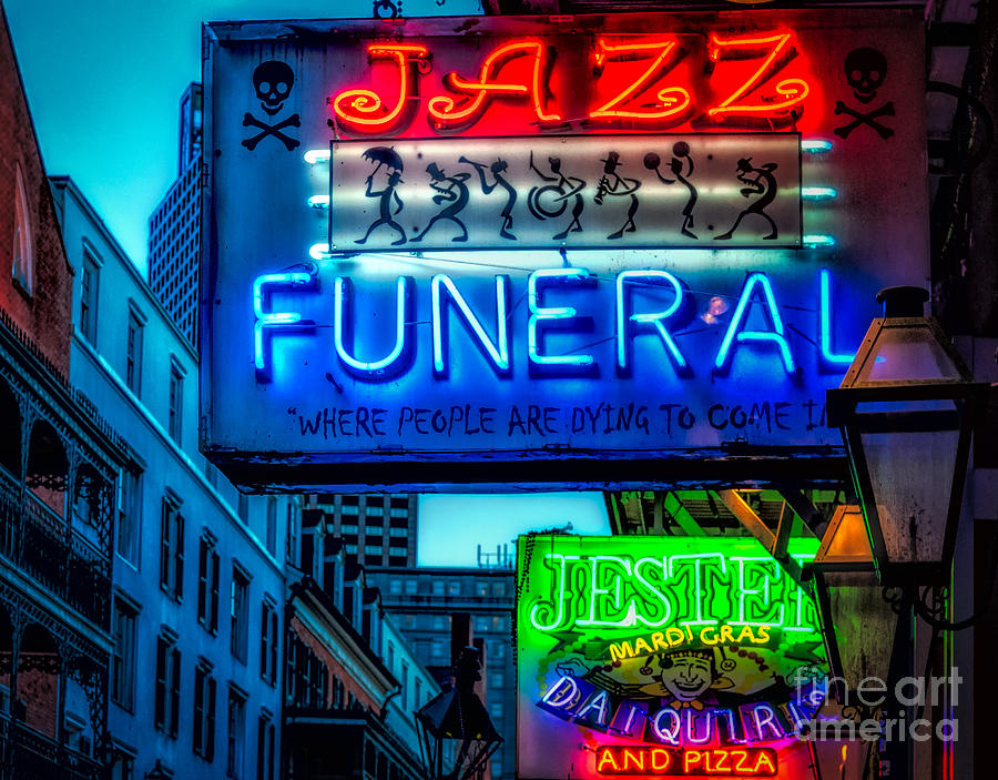 Sign Photograph - Jazz Funeral and Jester on Bourbon St. by Kathleen K Parker