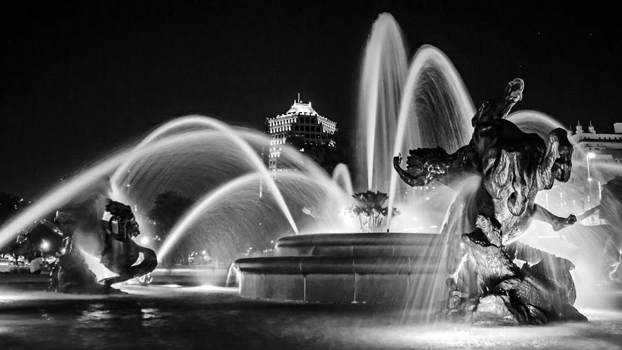 J.C. Nichols Memorial Fountain - Night BW Photograph by Kevin Anderson