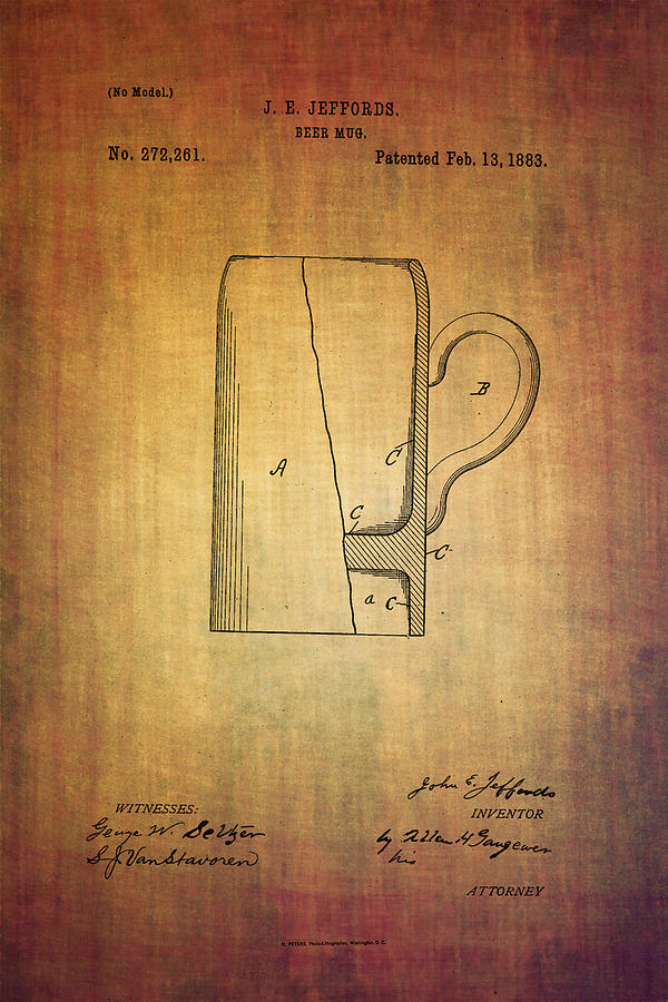 Jeffords beer mug patent from 1883 Photograph by Eti Reid