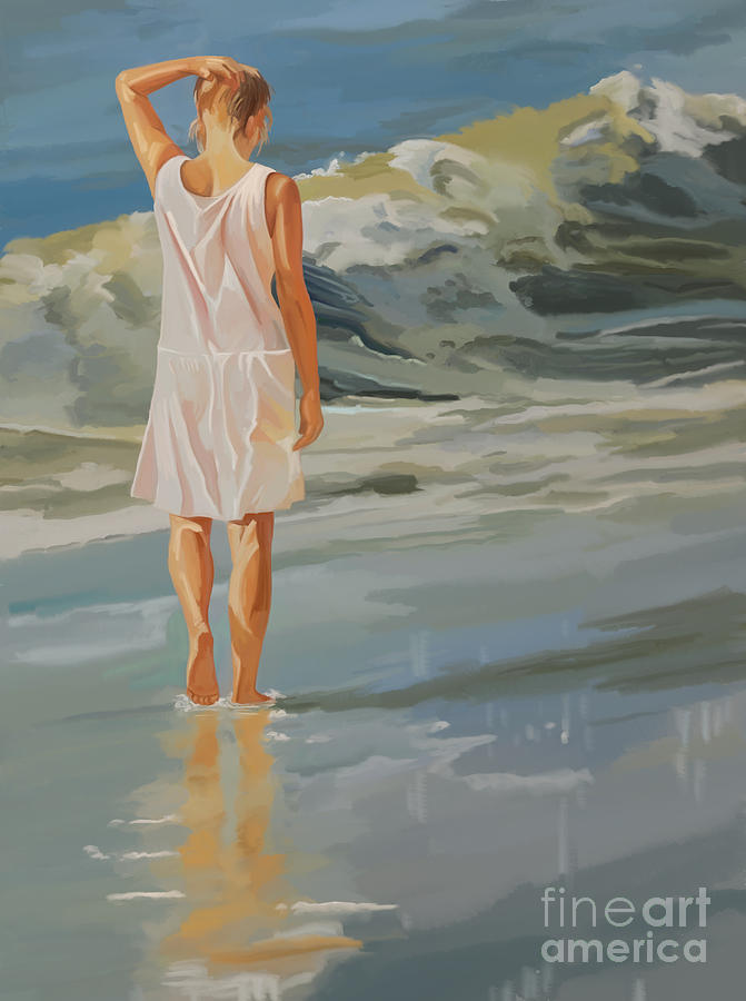 Jenny walking the beach Painting by Tim Gilliland
