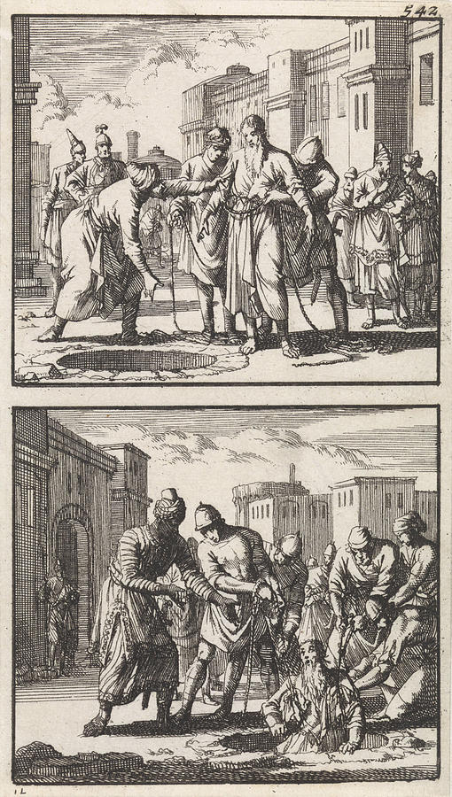 Dungeon Drawing - Jeremiah Thrown Into A Pit, Jeremiah Pulled Out Of The Pit by Jan Luyken And Barent Visscher And Andries Van Damme