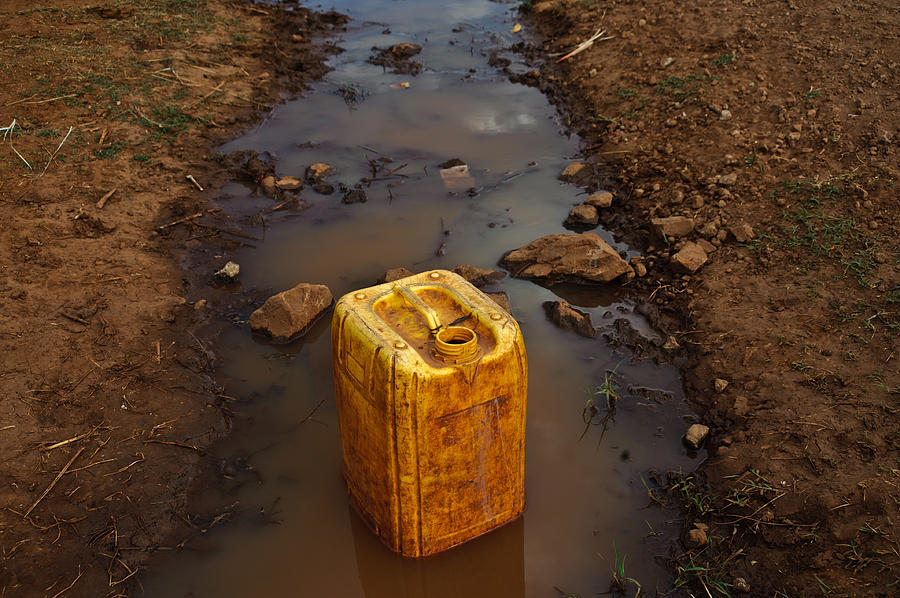Jerrycan filled with water from the dirty trough ( Ethiopia) Photograph by Franck Metois