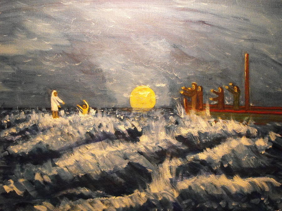 Jesus and Apostle Peter Walk on Water Painting by Larry Farris