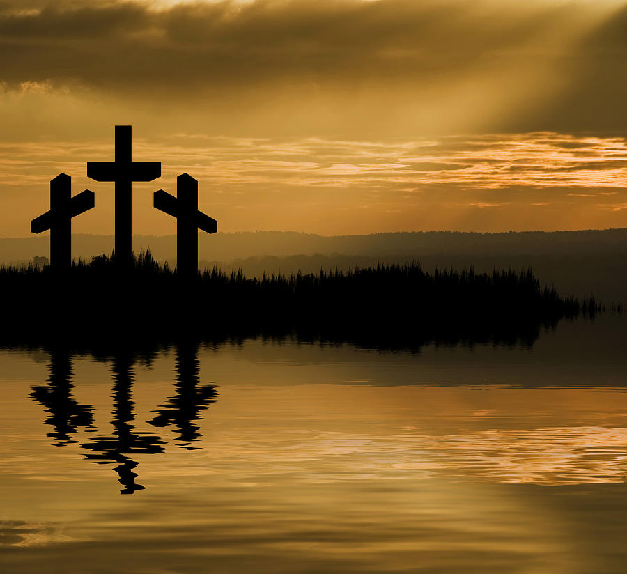 Easter Photograph - Jesus Christ Crucifixion on Good Friday Silhouette reflected in  by Matthew Gibson