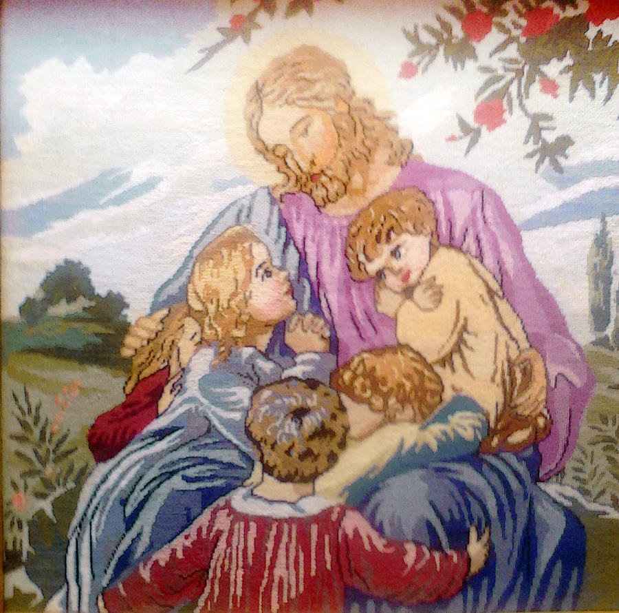 Jesus Christ Tapestry - Textile - Jesus Christ  Let the children come to me by Lucia Ginju