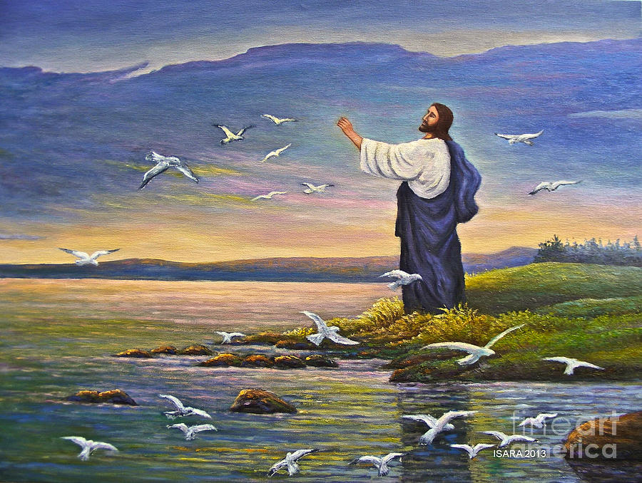 Jesus Feeds Birds No.2 Painting by Isara Daengruan