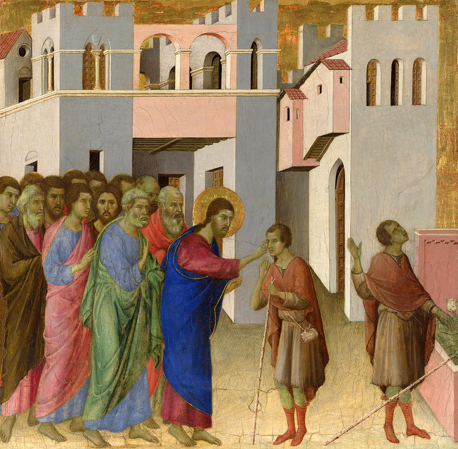 Jesus opens the Eyes of a Man born Blind Painting by Duccio