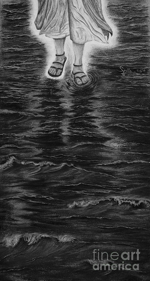 Jesus Christ Drawing - Jesus Walks on the Water by Syella  