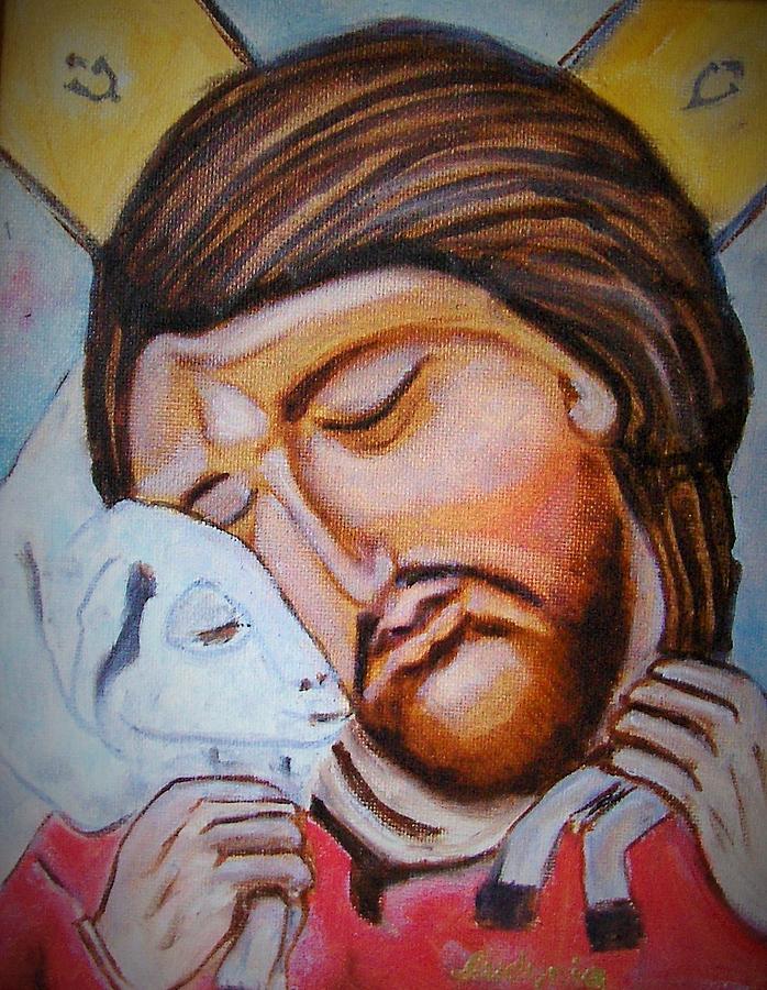 Jesus With A Lamb Painting by Ryszard Ludynia