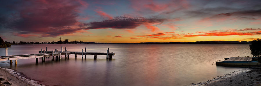 Jetty Sunset Panorama Lake Photograph by Kathryn Diehm