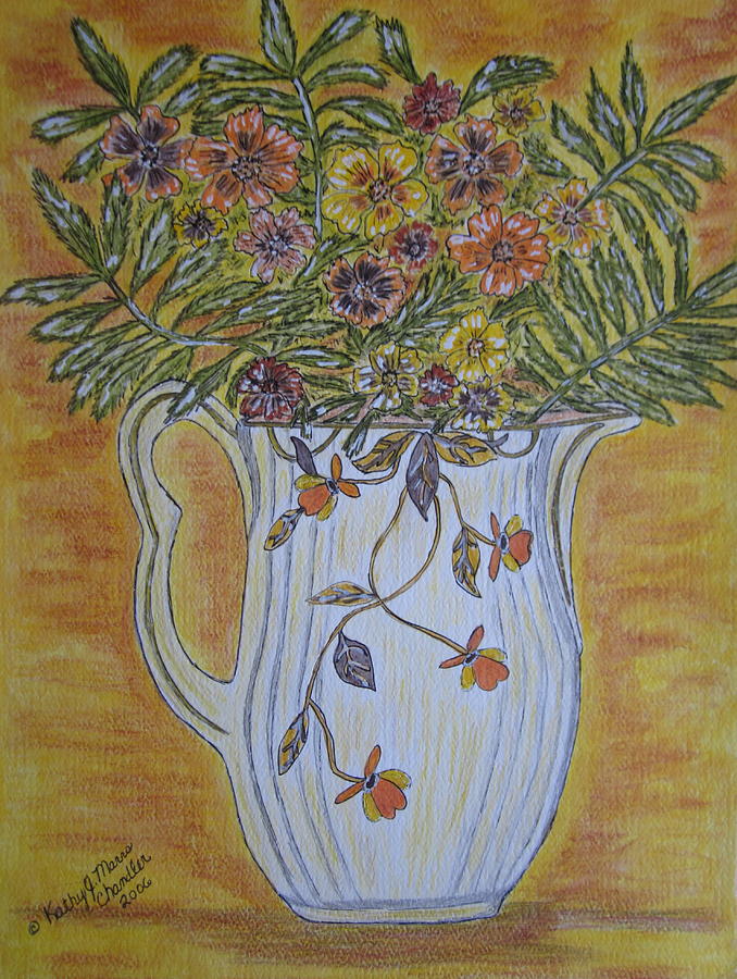 Jewel Tea Painting - Jewel Tea Pitcher with Marigolds by Kathy Marrs Chandler
