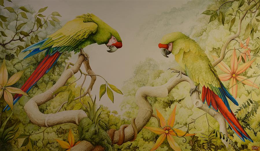 Jewels of the Rain Forest  Military Macaws Painting by Charles Owens