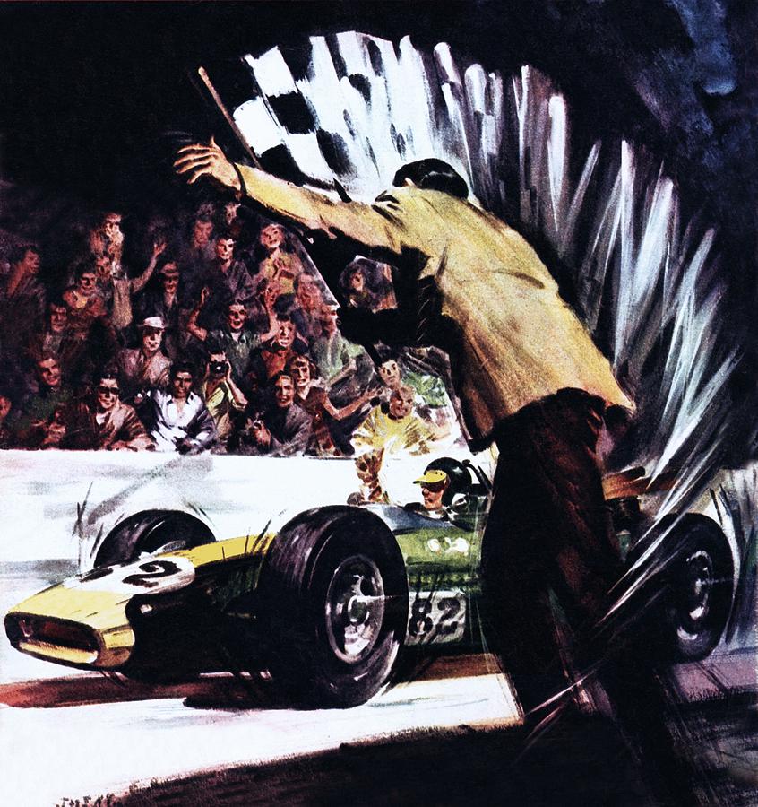 Flag Painting - Jim Clark Wins Americas Big Race by James Edwin McConnell