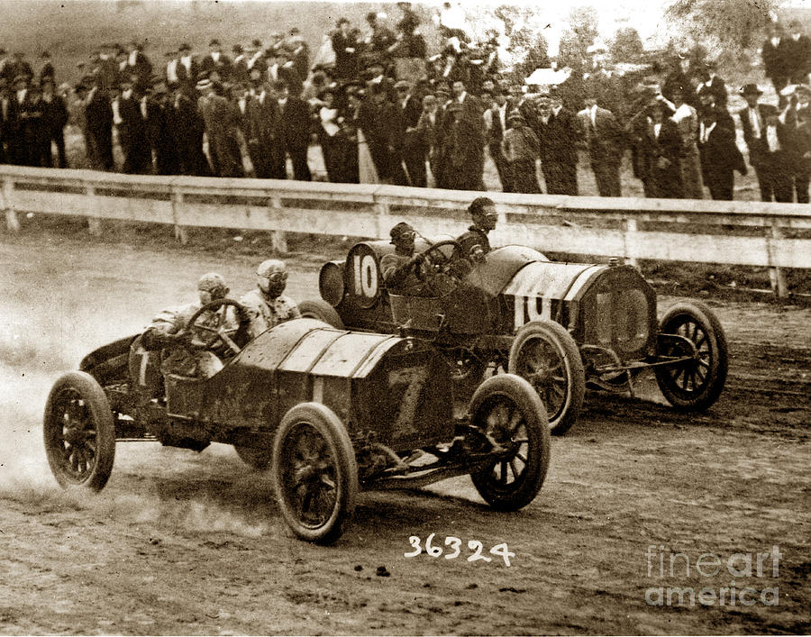 Seattle Photograph - Jim Parsons race car no.7 and Henry North Meadows Track Seattle Washington 1913 by Monterey County Historical Society
