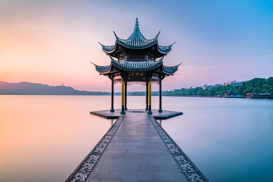 Jixian Pavilion of Hangzhou West Lake, China (Dusk) Photograph by Ian.CuiYi