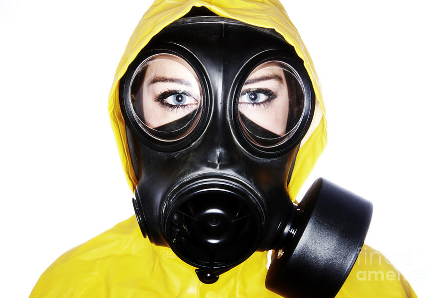 Clothing Photograph - Joe Fox Fine Art - woman wearing gas mask and protective clothing by Joe Fox