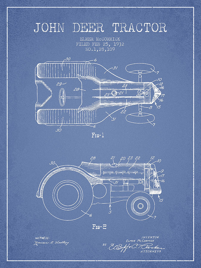 Deer Digital Art - John Deer Tractor Patent drawing from 1932 - Light Blue by Aged Pixel