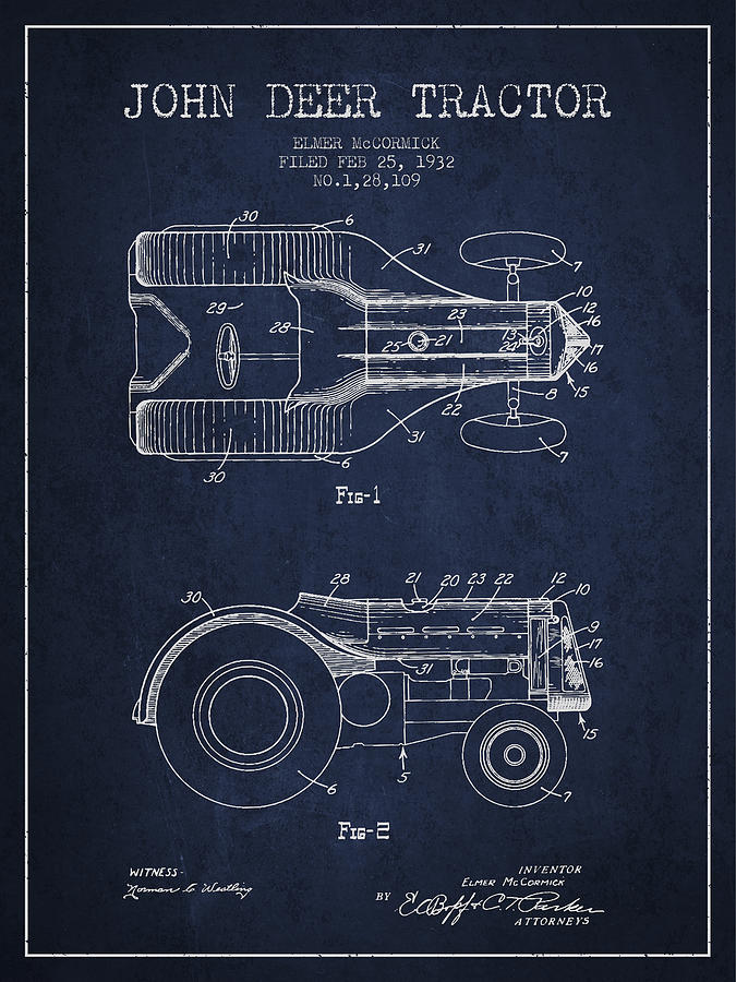 Deer Digital Art - John Deer Tractor Patent drawing from 1932 - Navy Blue by Aged Pixel
