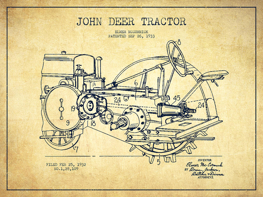 Deer Digital Art - John Deer Tractor Patent drawing from 1933 - Vintage by Aged Pixel