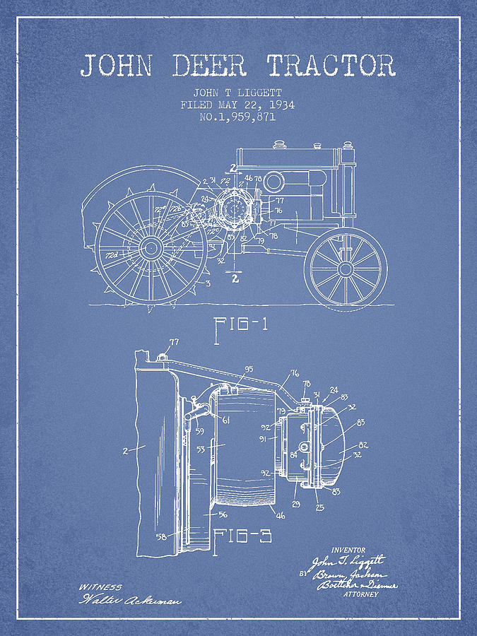 Deer Digital Art - John Deer Tractor Patent drawing from 1934 - Light Blue by Aged Pixel