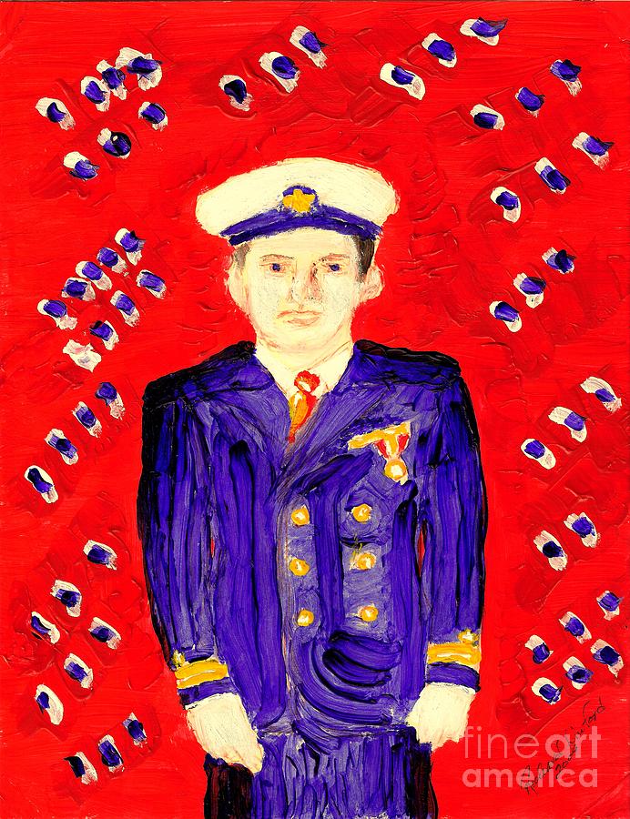 John F Kennedy in Uniform bright red background Painting by Richard W Linford