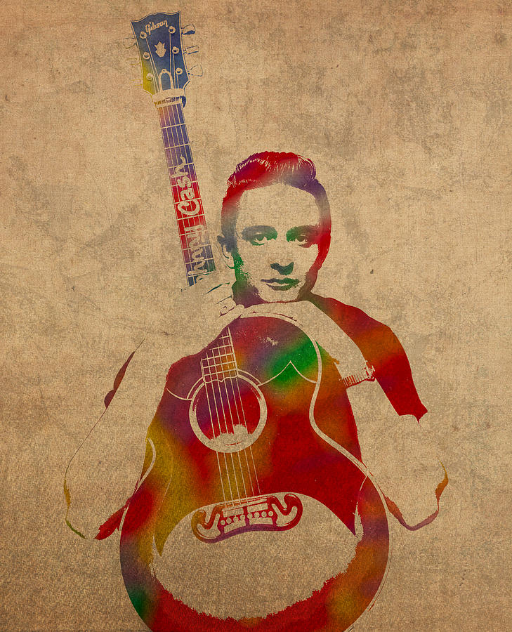 Portrait Mixed Media - Johnny Cash Watercolor Portrait on Worn Distressed Canvas by Design Turnpike