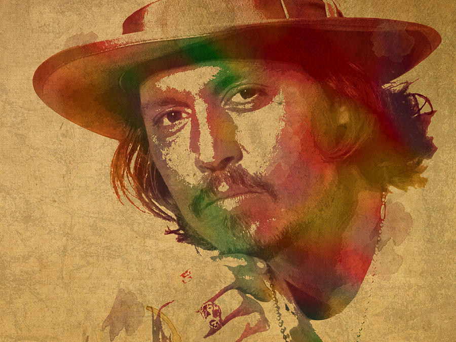 Johnny Depp Mixed Media - Johnny Depp Watercolor Portrait on Worn Distressed Canvas by Design Turnpike