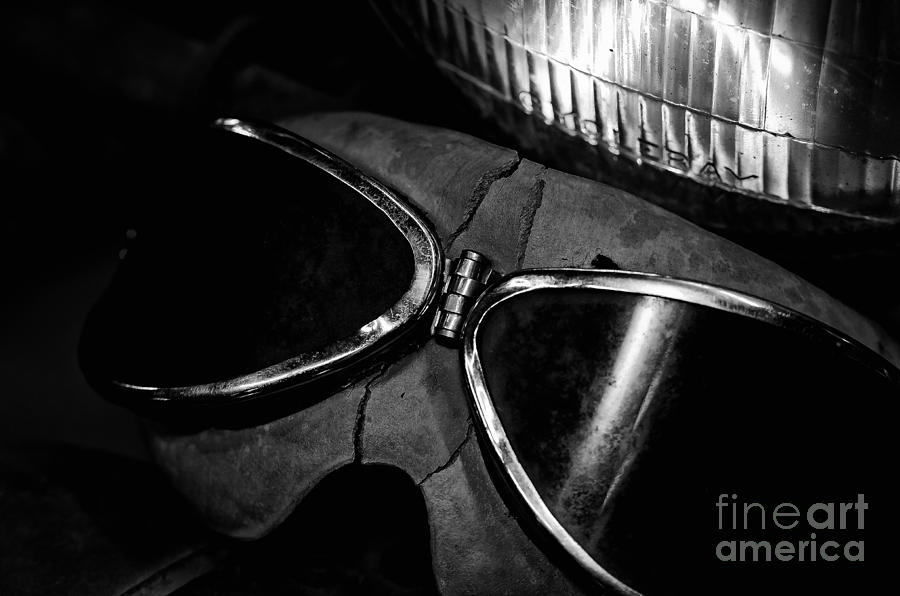 Johnnys Old Motorcycle Goggles Black and White Photograph by Wilma  Birdwell