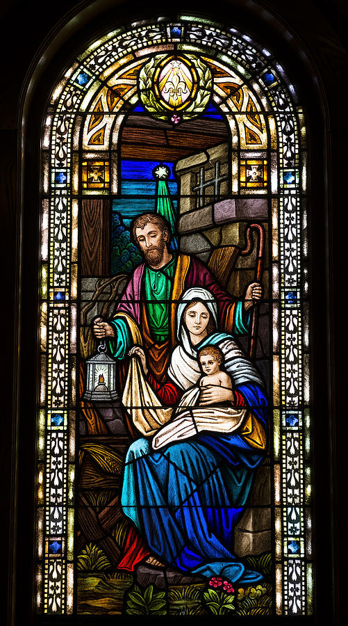 Joseph, Mary, and baby Jesus in stained glass Photograph by Joel Carillet